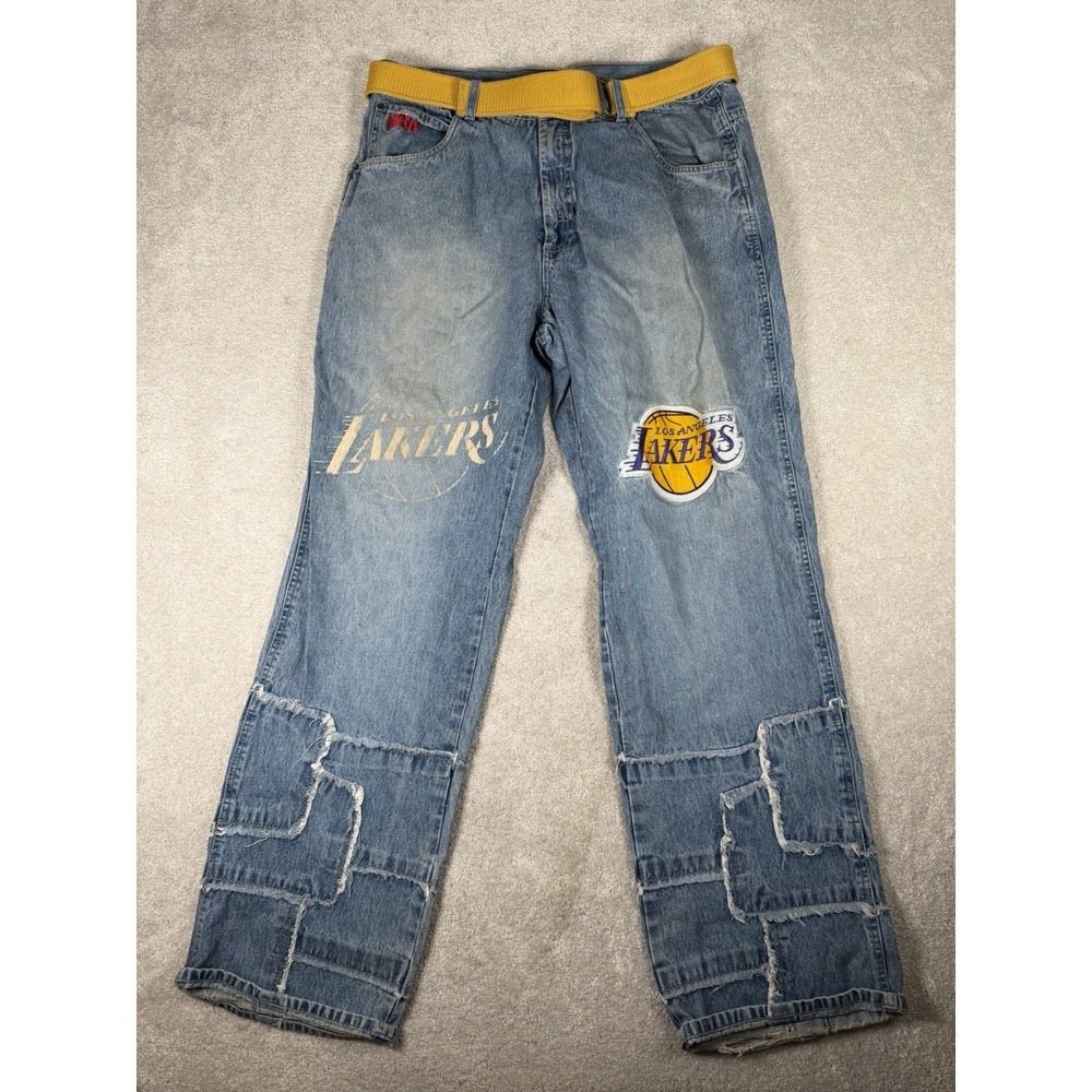 Vtg UNK NBA Los Angeles Lakers Patchwork Baggy Denim Jeans Size 36x32 Belted